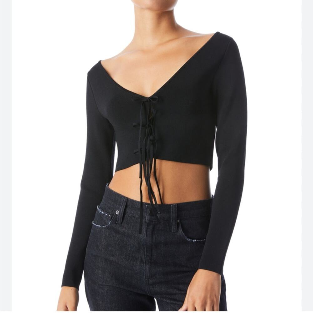 Alice + Olivia Sharee Crop Top Tie Front Black Sz S